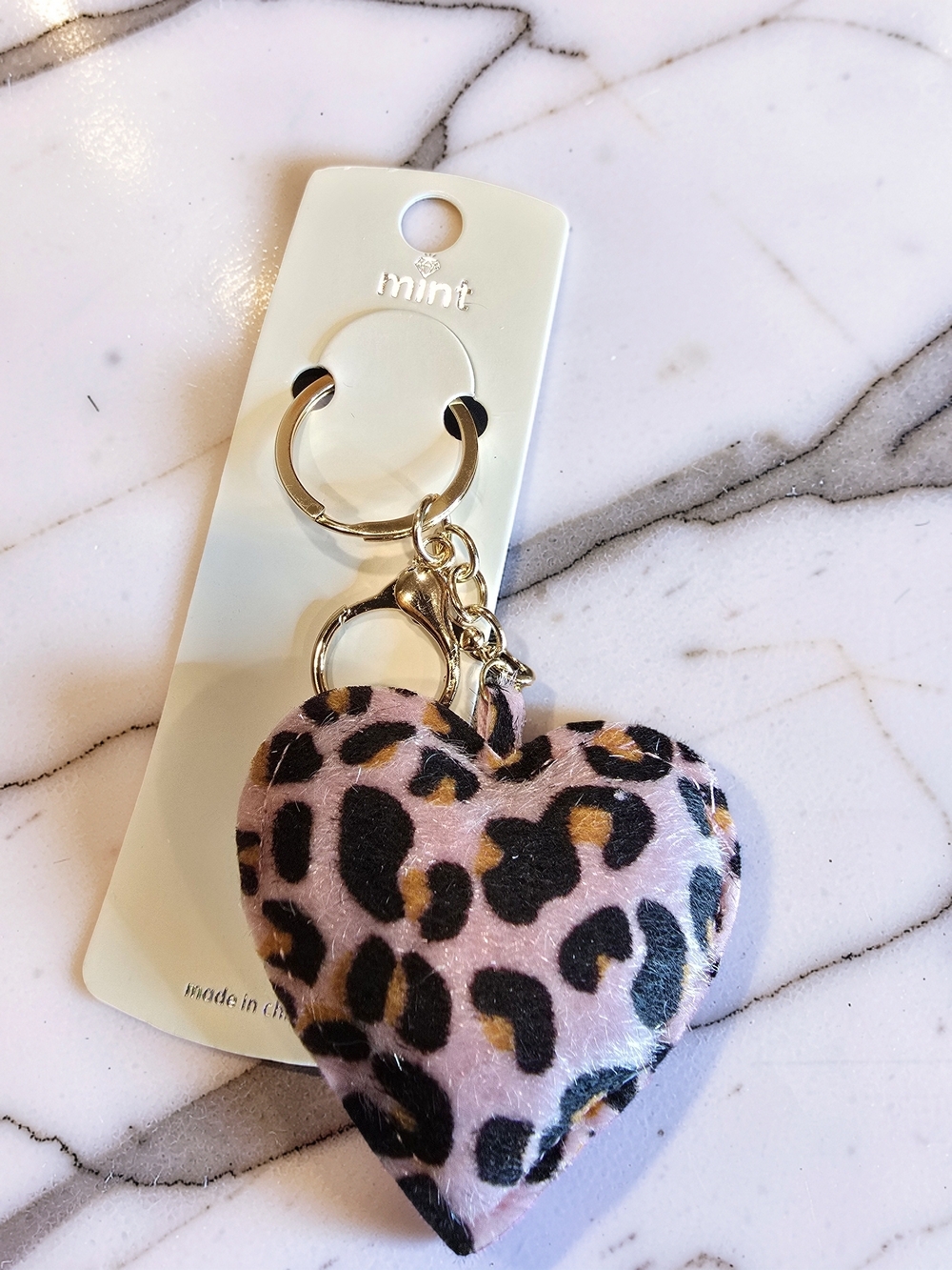 Mint Pink Leopard Heart Key Ring with Gold Hardware